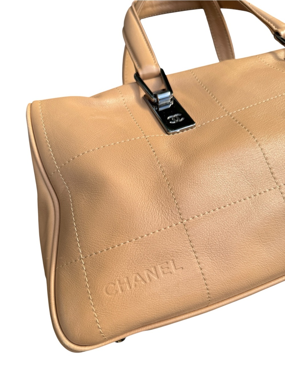 Auth CHANEL Tan Chocolate Bar East West Bag crazy stitch Quilted Leather Satchel - Picture 8 of 17